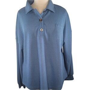Poetsky Blue Textured Long Sleeve Collared Top